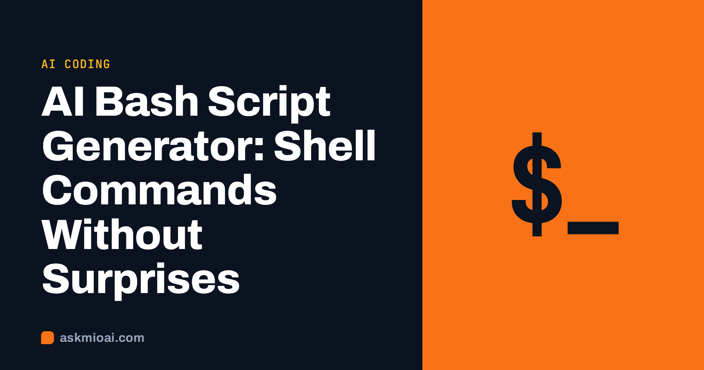 AI bash script generator guide cover with a split panel and a shell prompt glyph