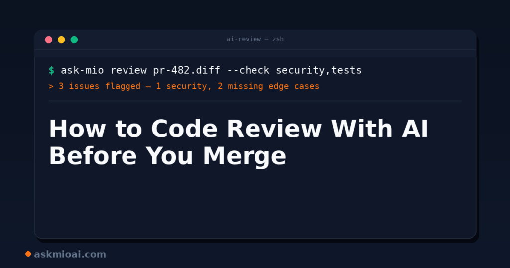 Dark terminal window illustrating an AI code review command flagging security and edge-case issues before merge