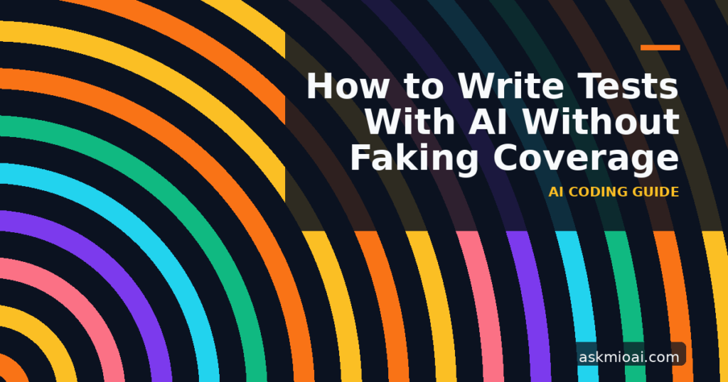 How to write tests with AI without faking coverage — Ask Mio blog featured image with concentric arcs
