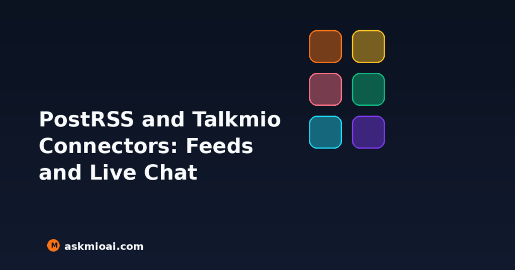 PostRSS and Talkmio AI connectors showing feeds and live chat conversations