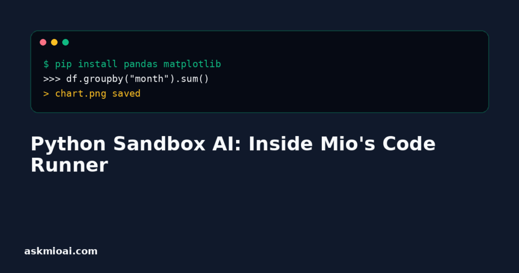Terminal window illustrating Python sandbox AI code runner with pandas and matplotlib commands