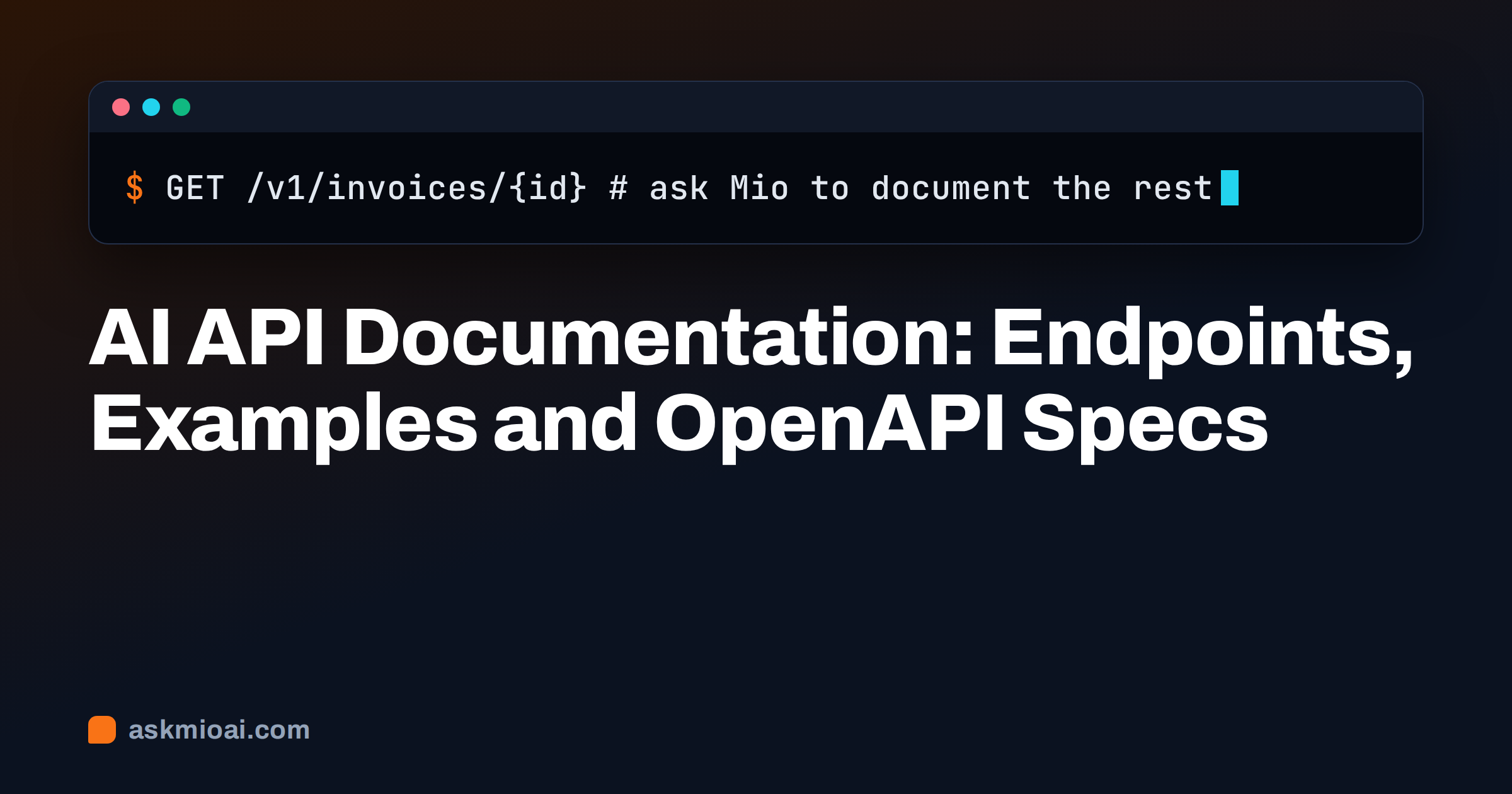 AI API documentation cover with a dark terminal window showing a GET request line