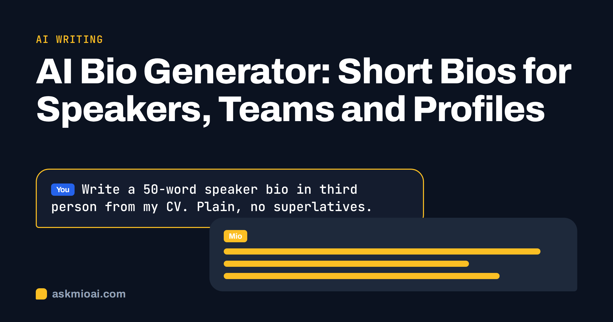 AI bio generator cover with a chat bubble asking for a 50-word speaker bio