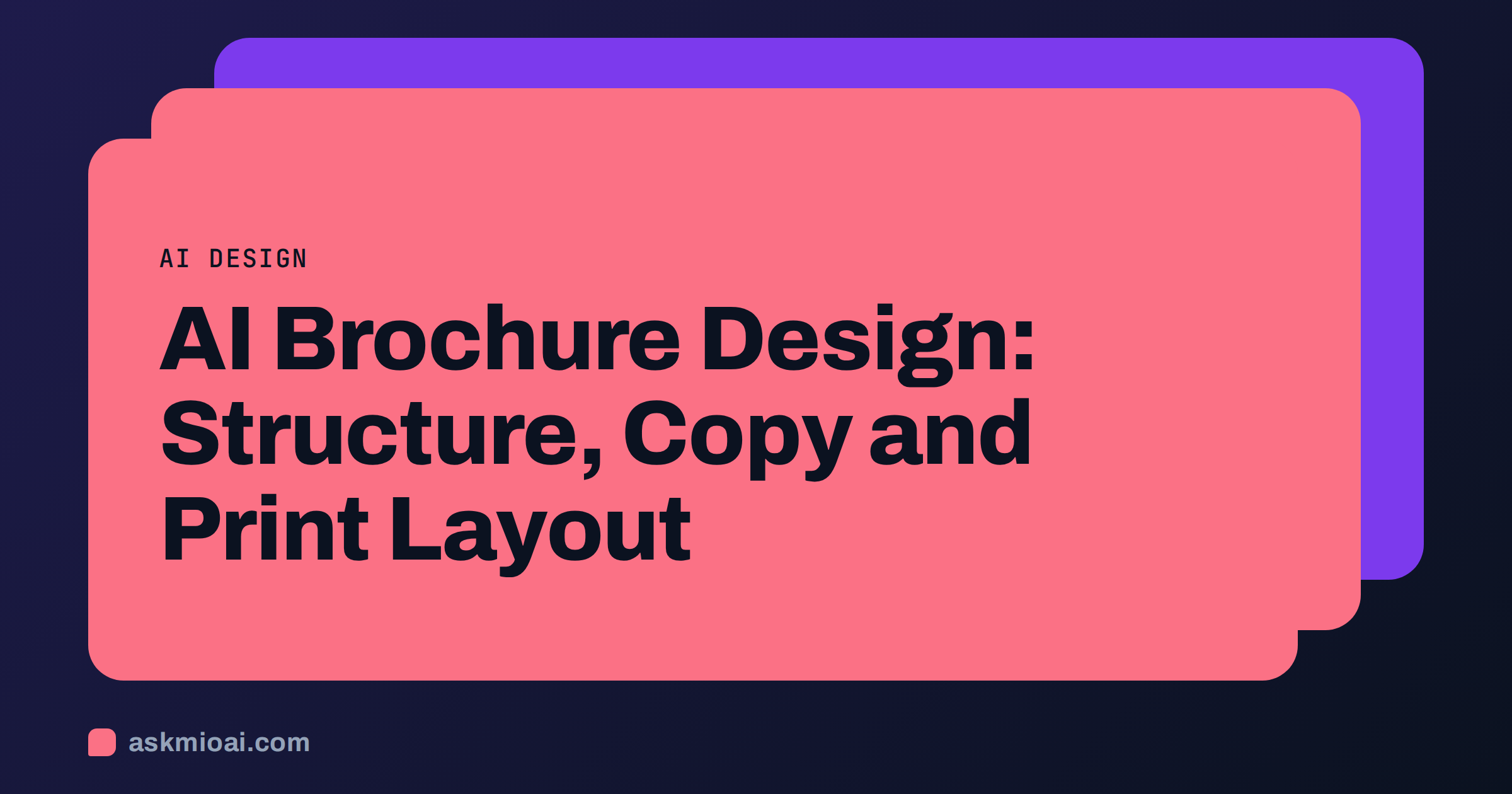 AI brochure design cover with three layered cards in coral and violet and the article title