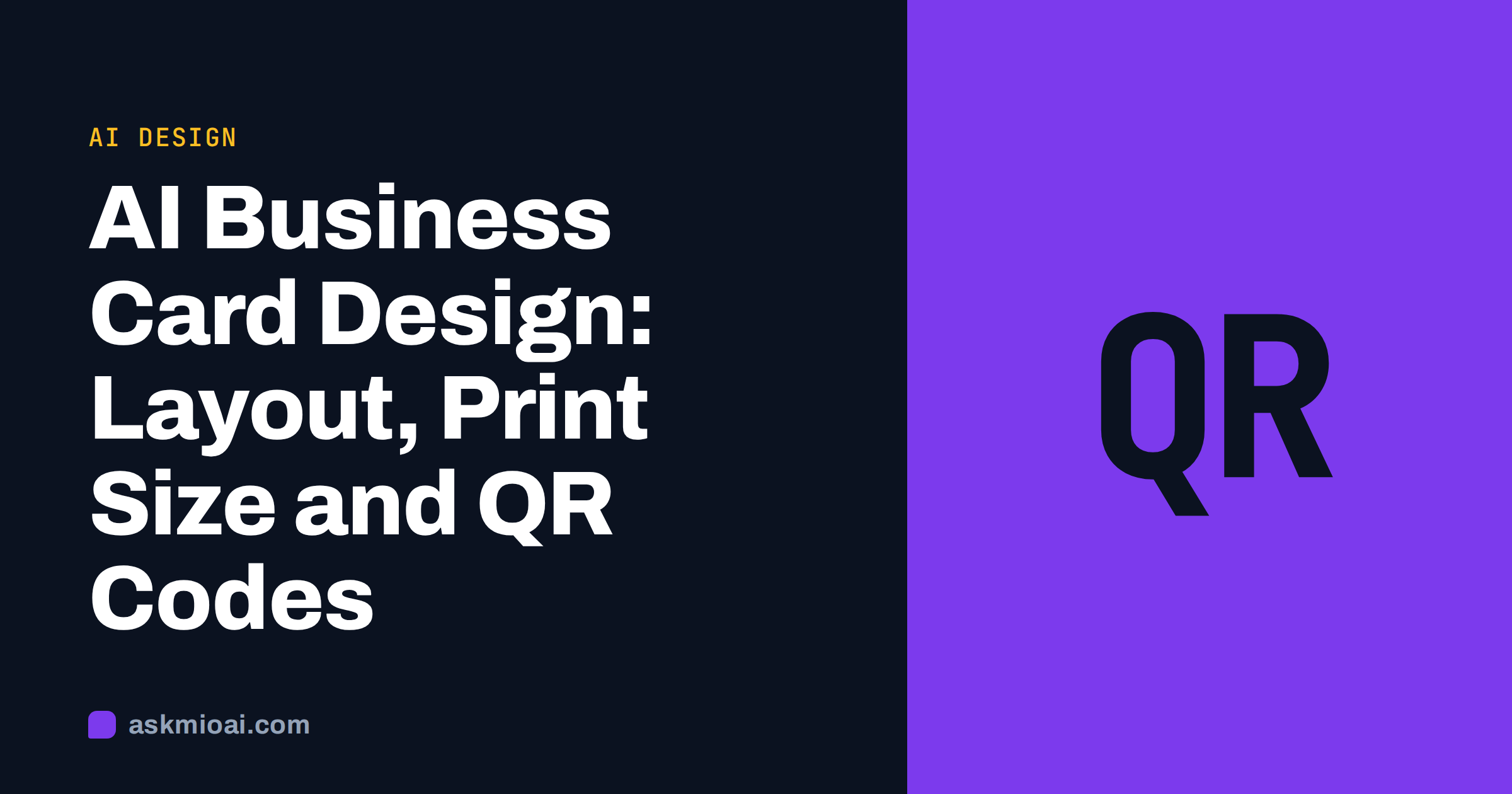 AI business card design cover with a split panel, dark title on the left and a large QR glyph on a violet panel