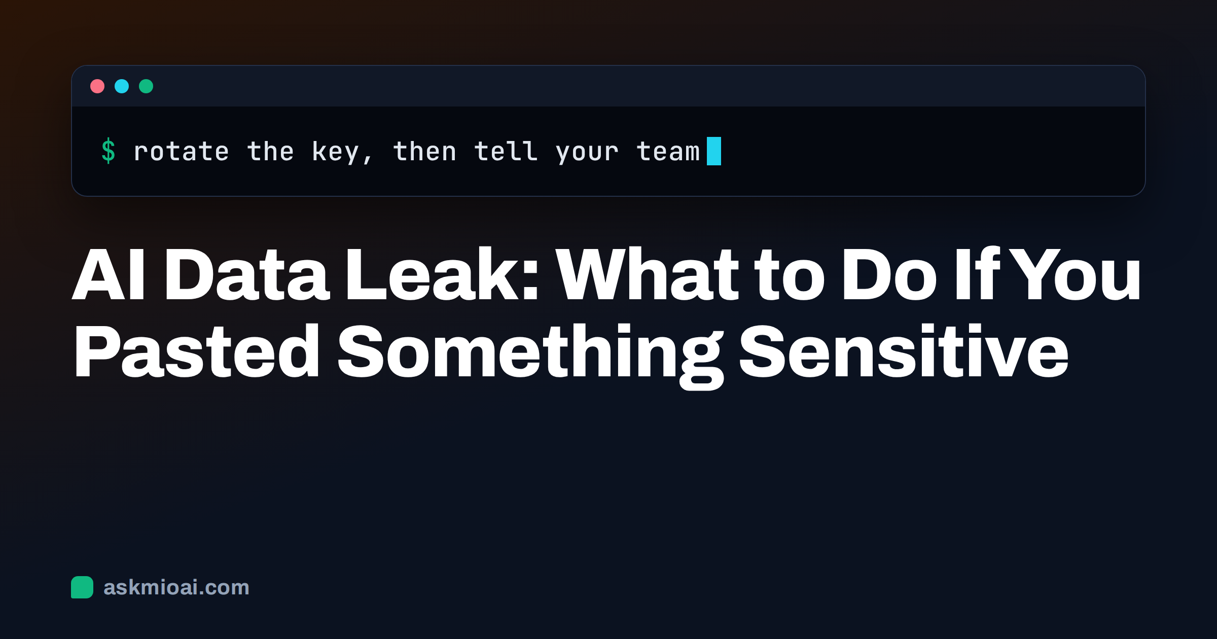 AI data leak cover with a dark terminal window showing a rotate the key command