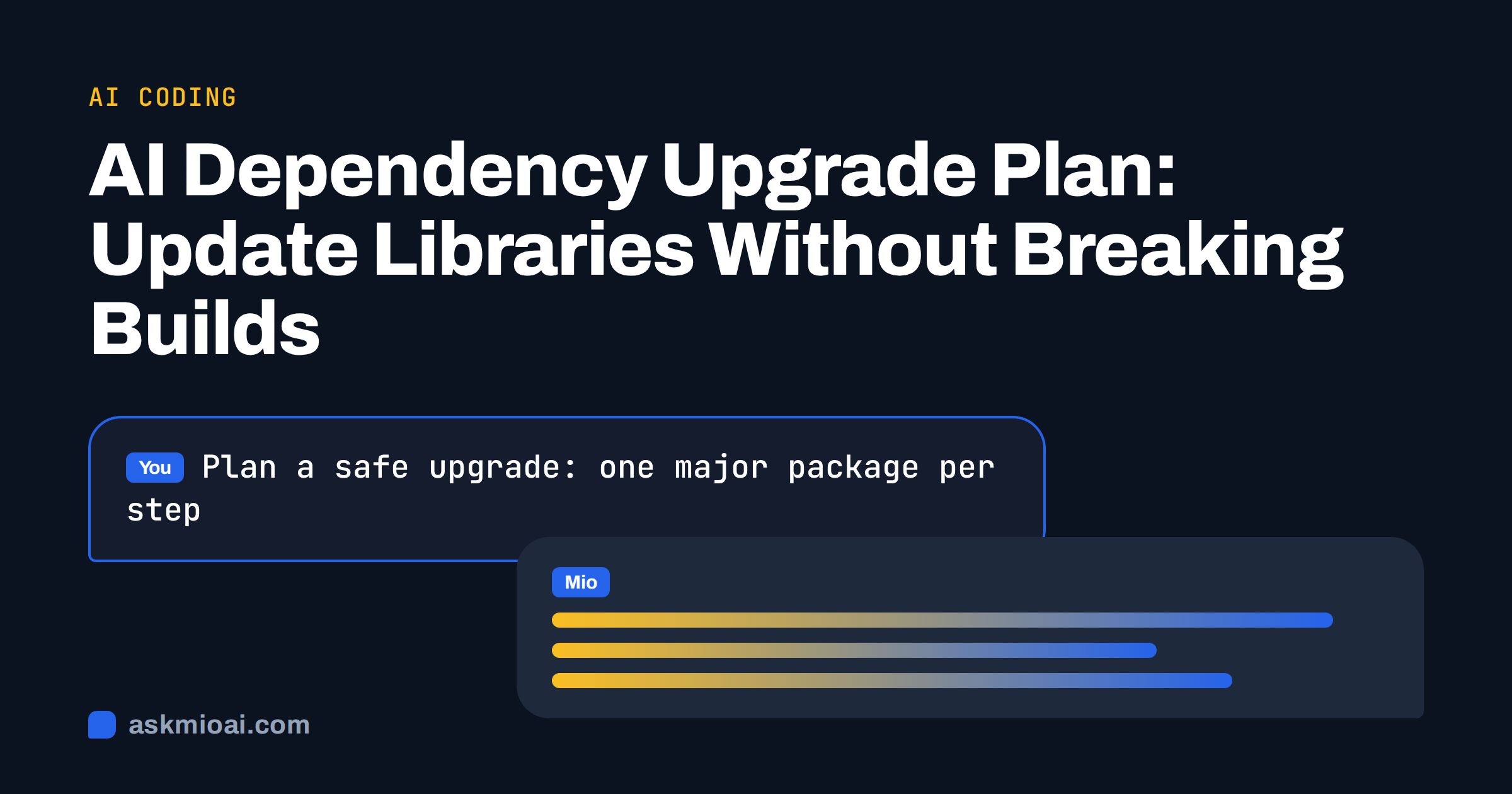 AI dependency upgrade cover with a chat bubble asking for a safe one-package-at-a-time plan