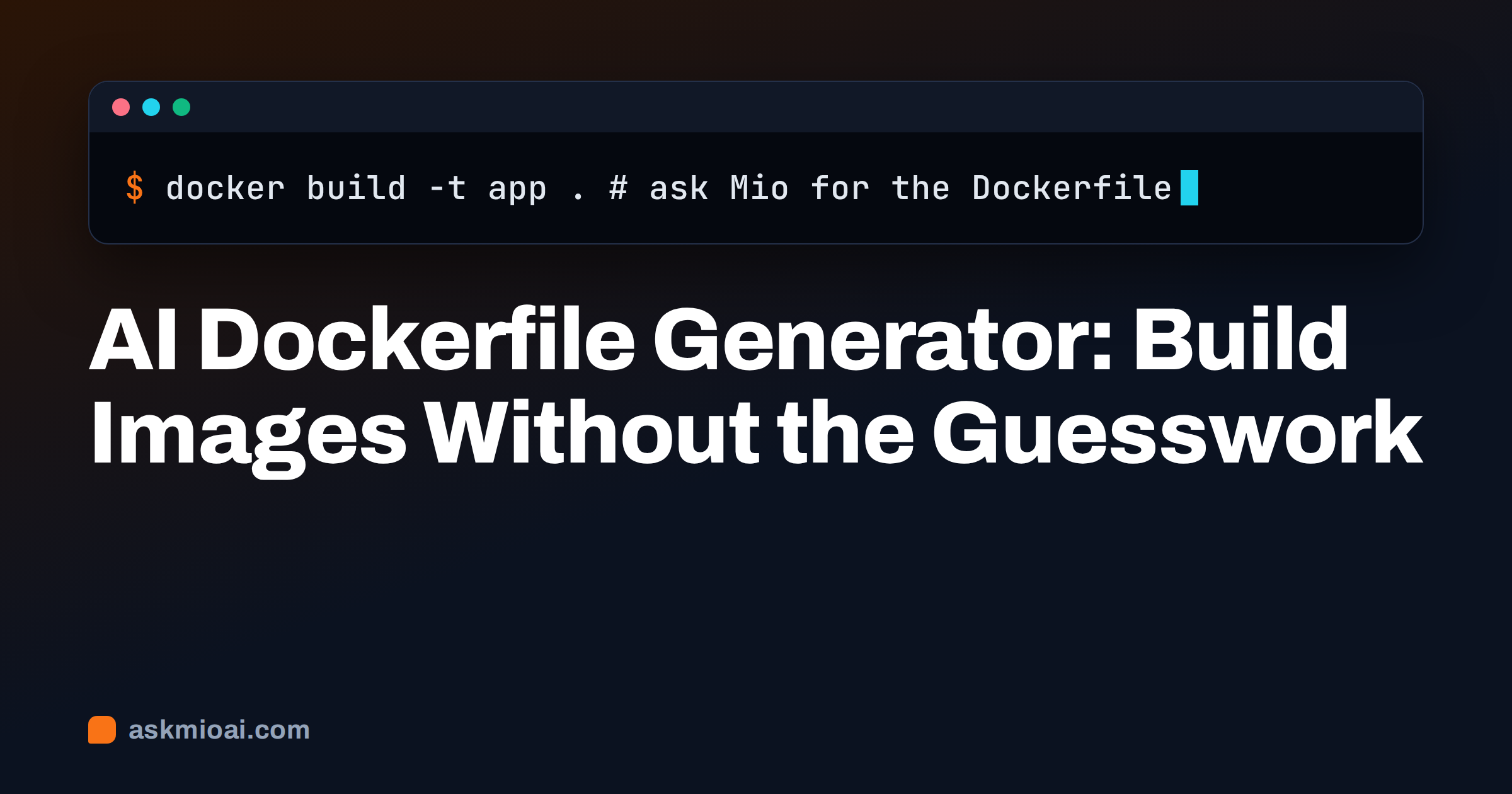 AI dockerfile generator cover with a dark terminal window and a docker build command
