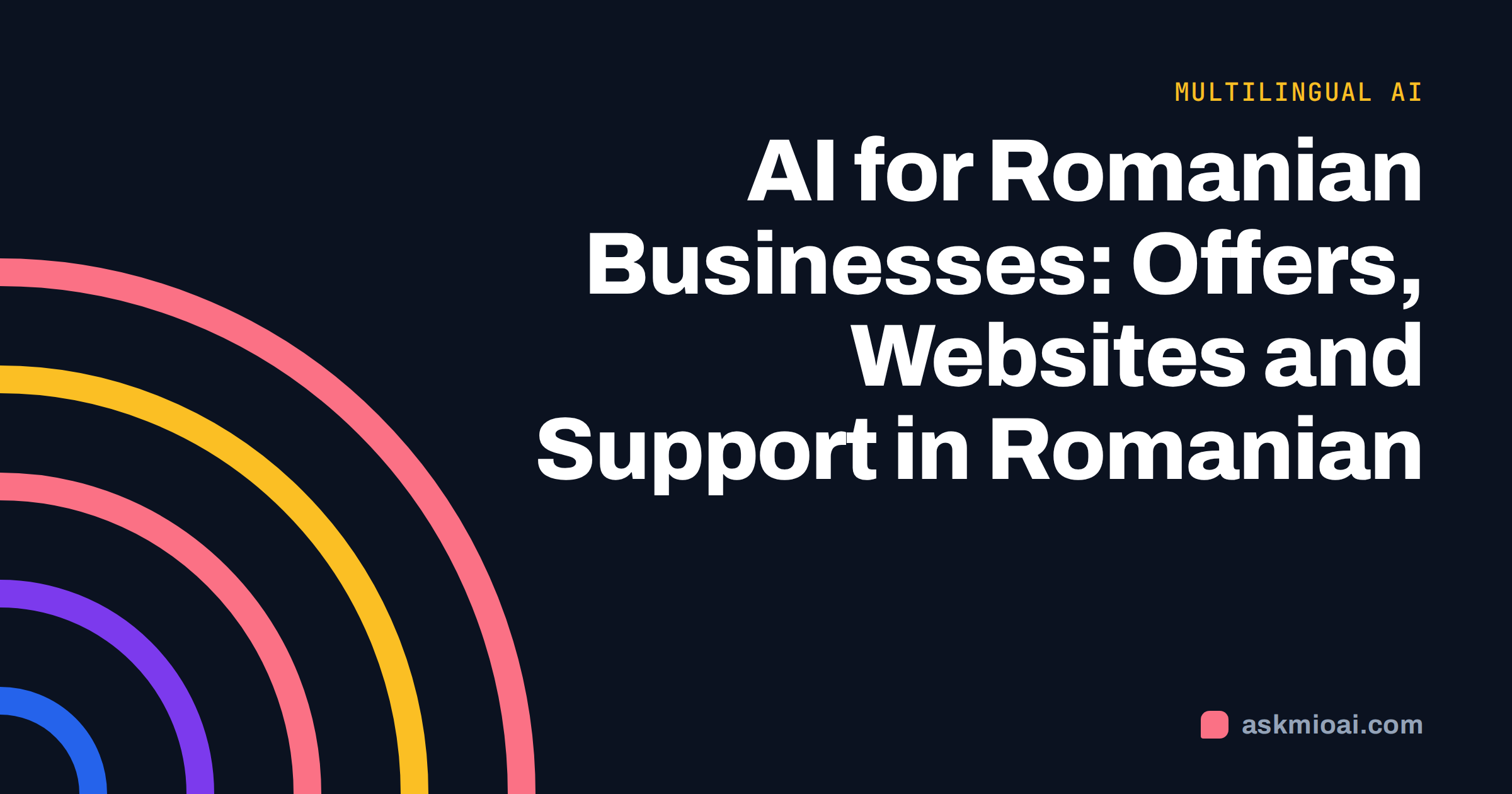 AI for Romanian businesses cover with concentric coral and amber arcs on a dark background and the article title
