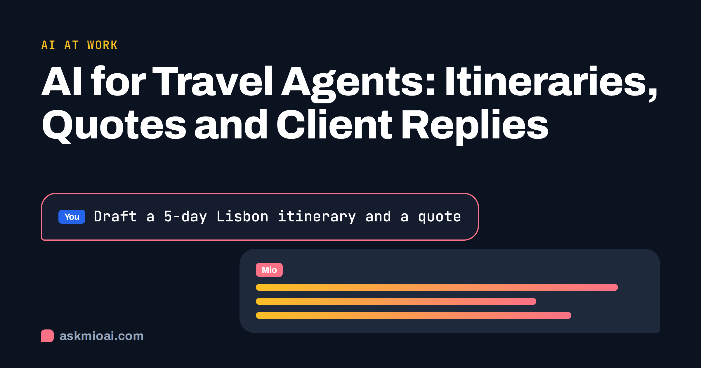 AI for travel agents cover with a chat prompt bubble about a Lisbon itinerary and quote