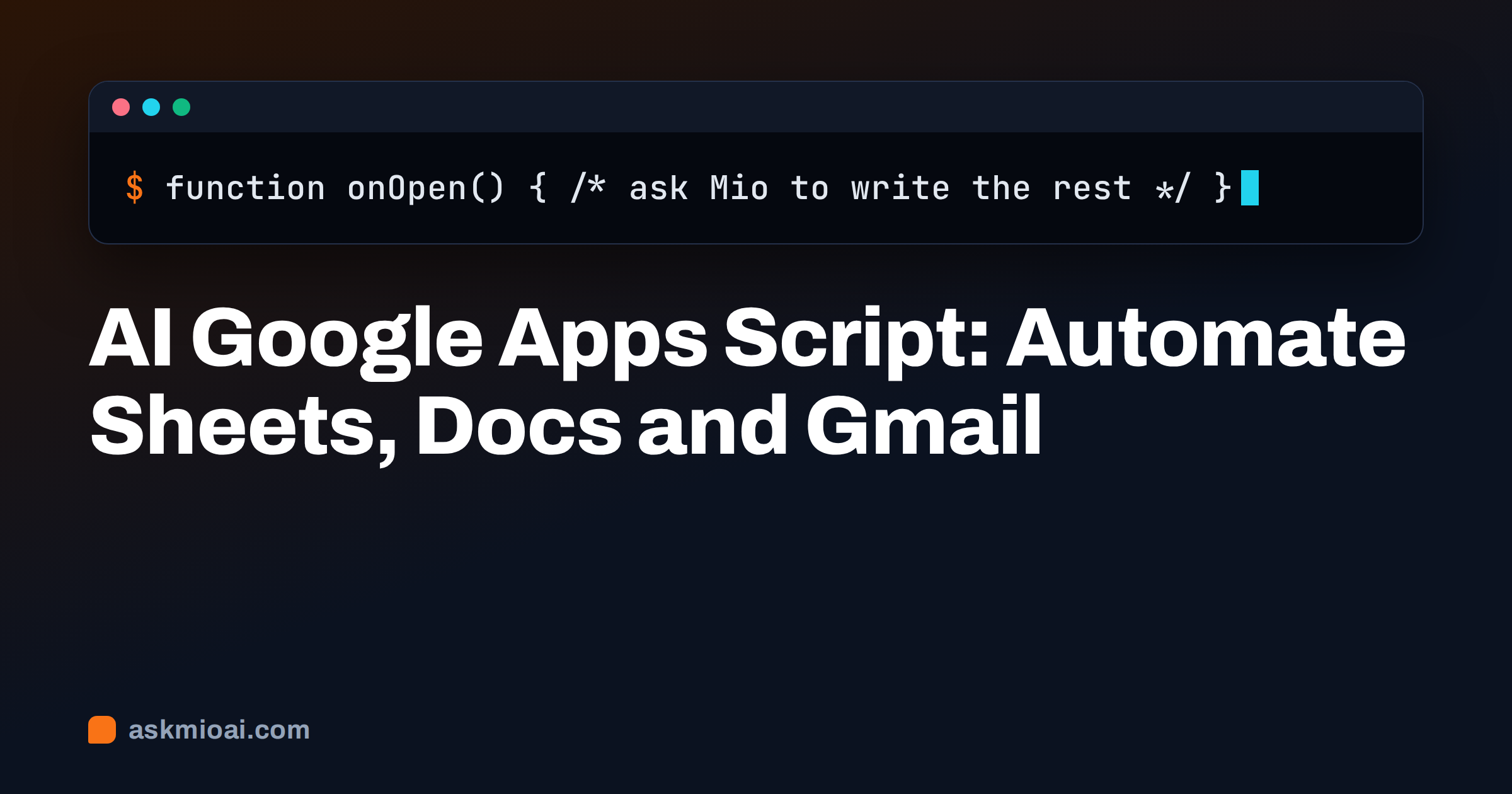 AI Google Apps Script cover with a dark terminal window showing a function onOpen line