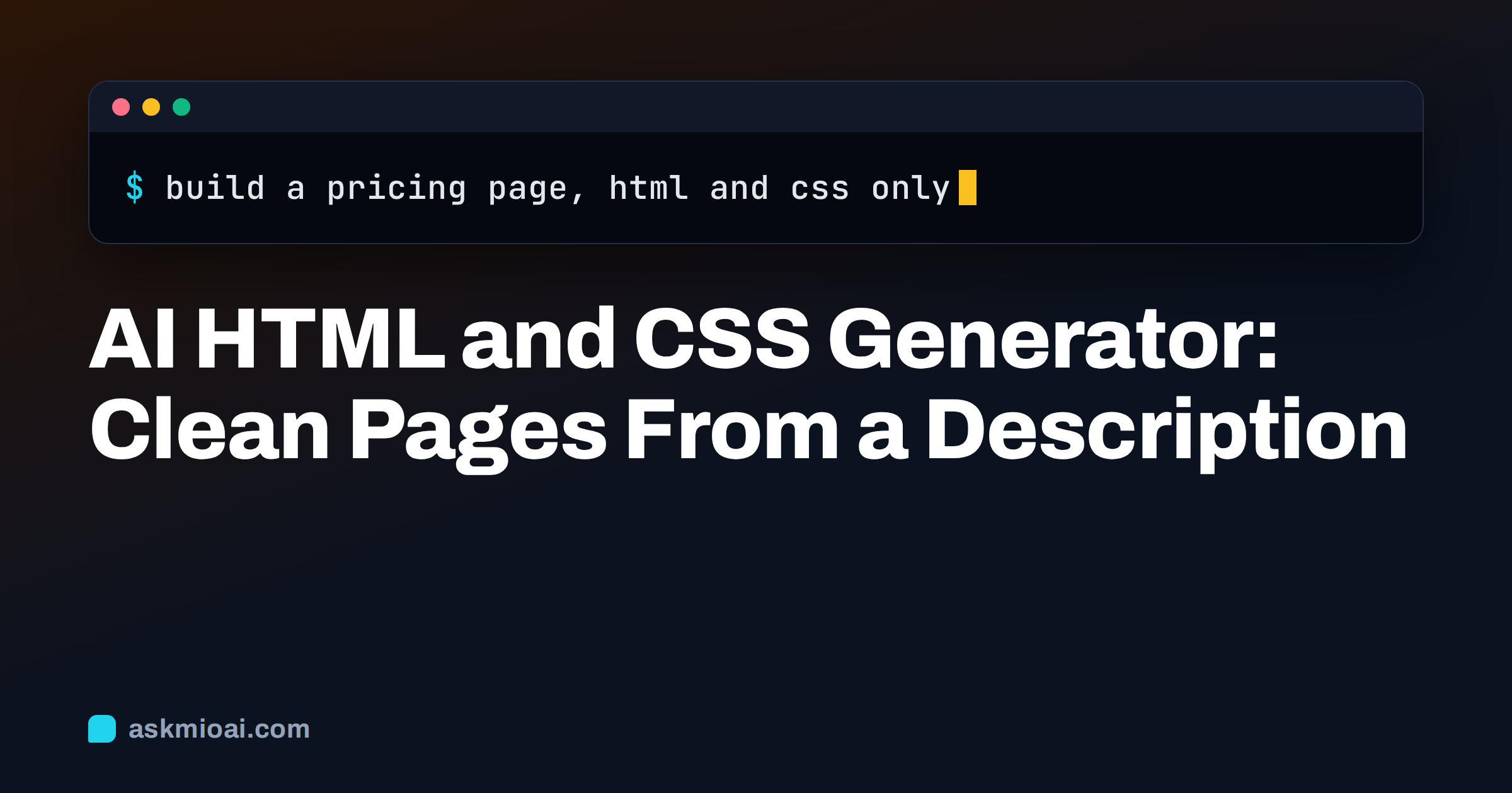 AI HTML CSS generator cover with a dark terminal window and a command line above the title