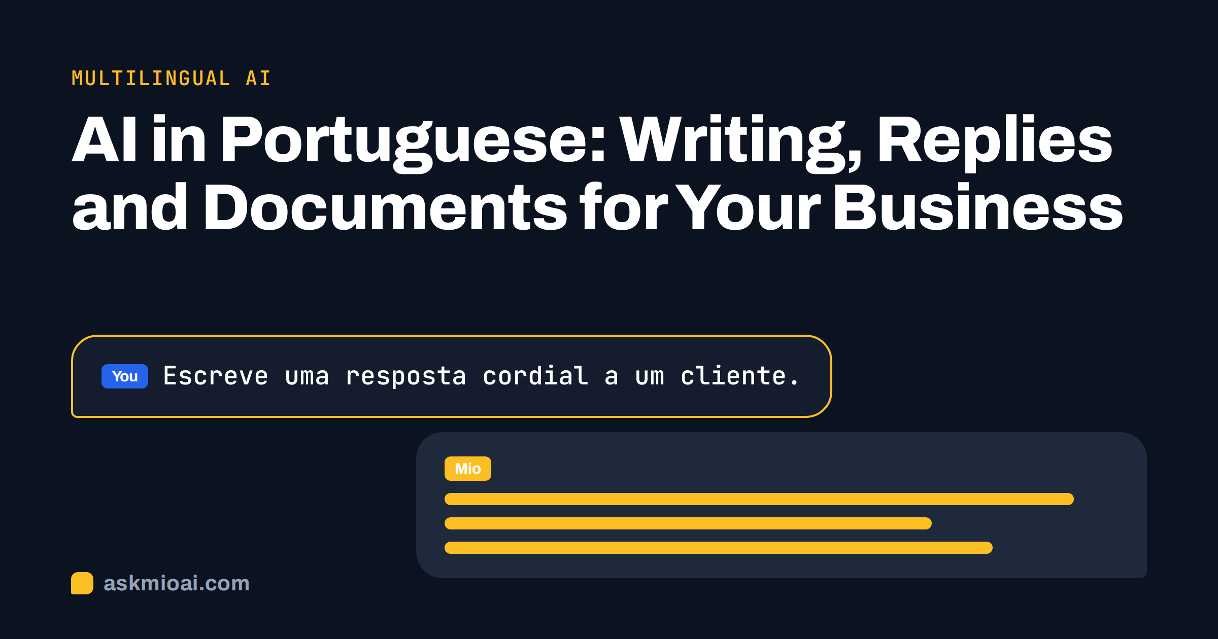 AI in Portuguese cover with a chat bubble holding a Portuguese customer reply request on dark ink