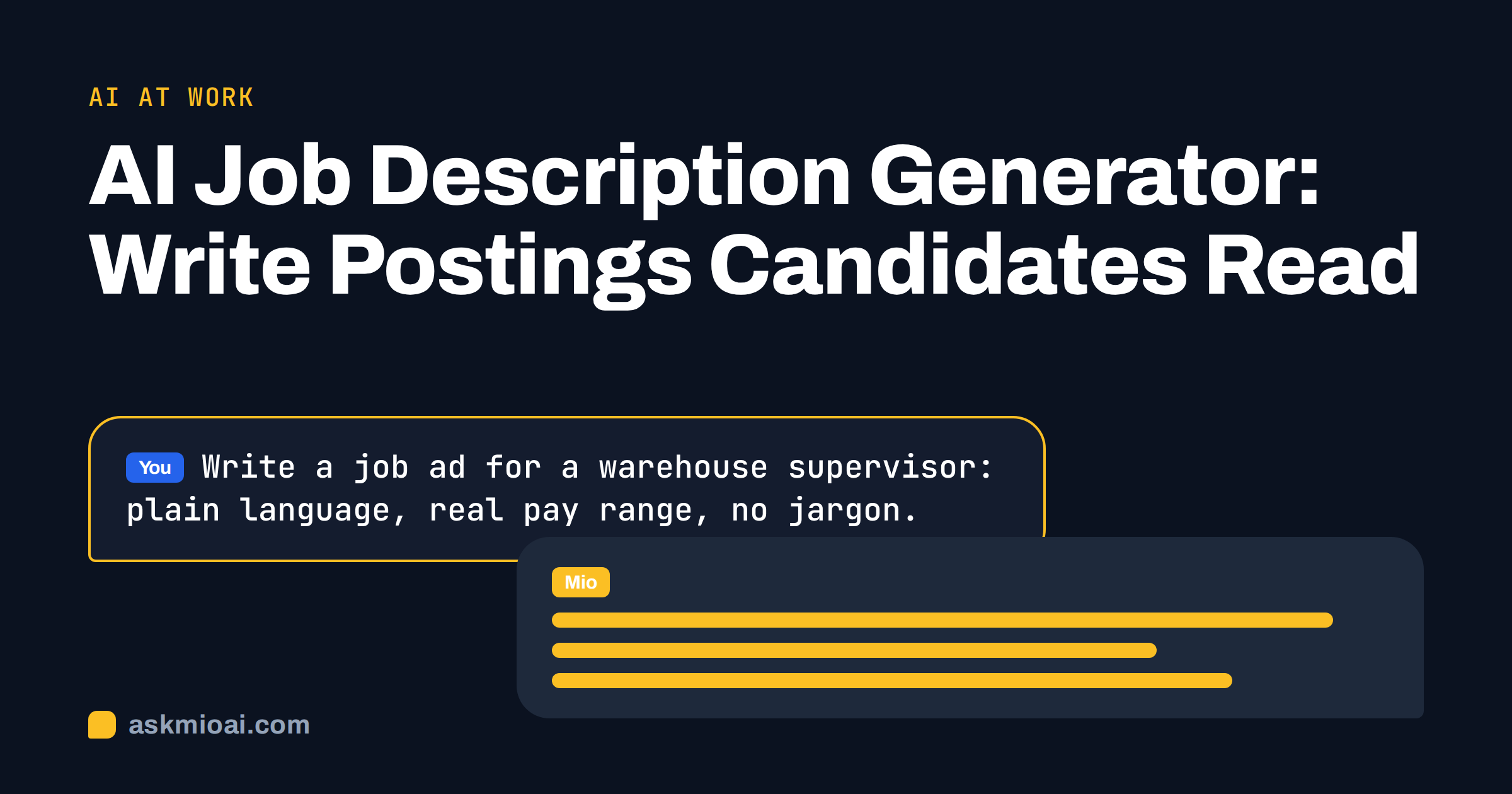 AI job description generator cover with a chat bubble holding a prompt for a warehouse supervisor job ad