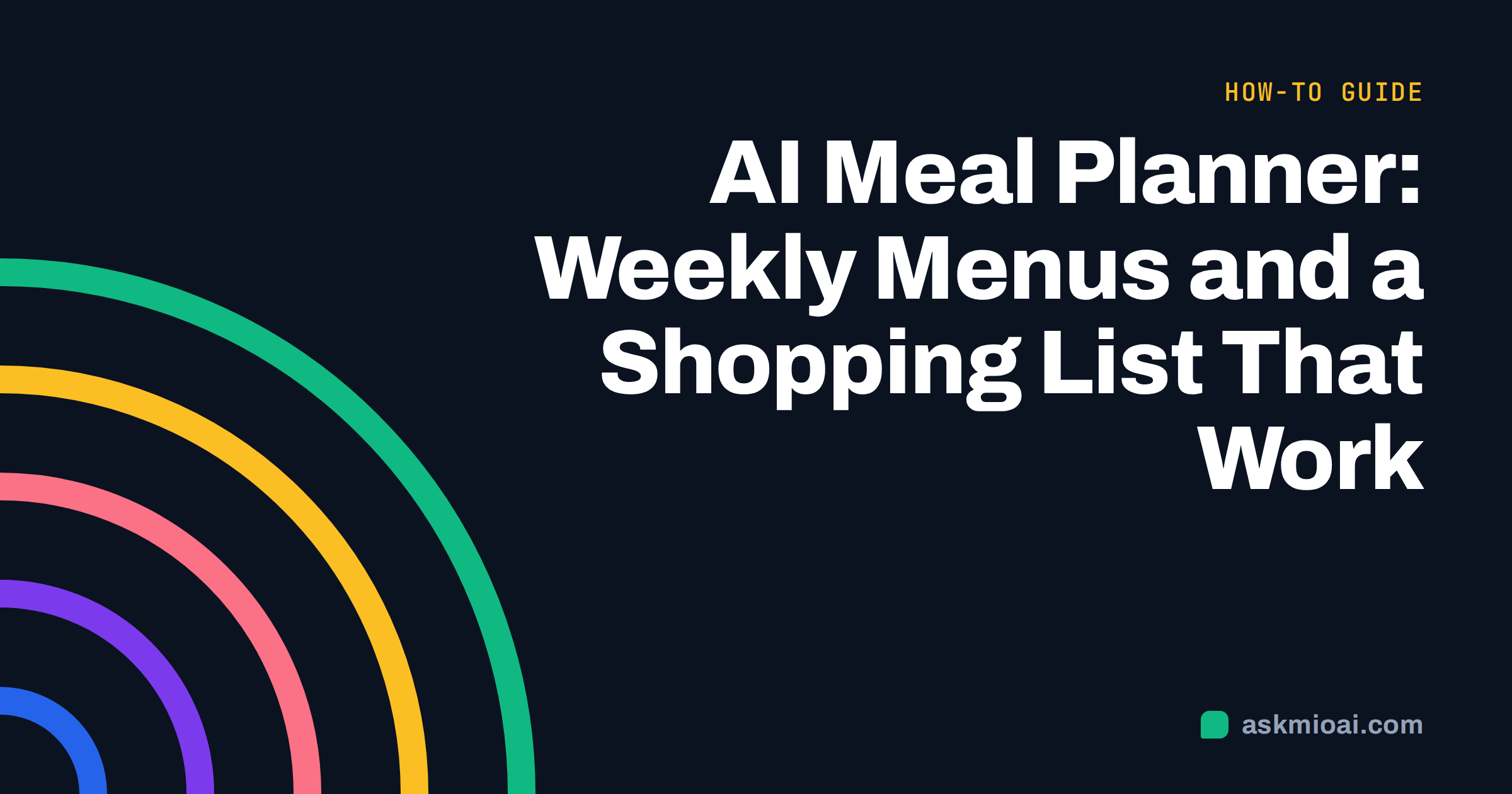 AI meal planner cover with mint and amber concentric arcs on a dark background