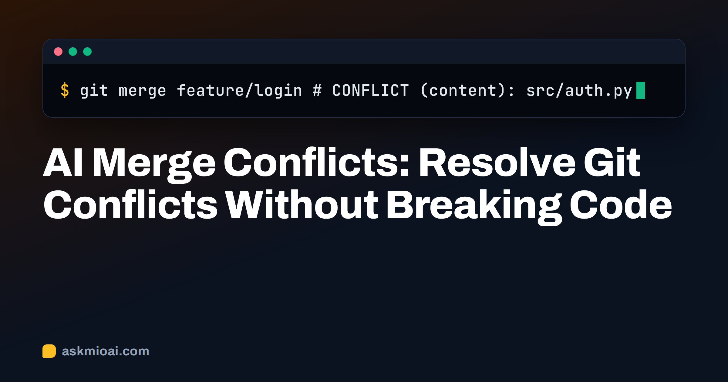 AI merge conflict cover with a dark terminal showing a git merge conflict in src/auth.py