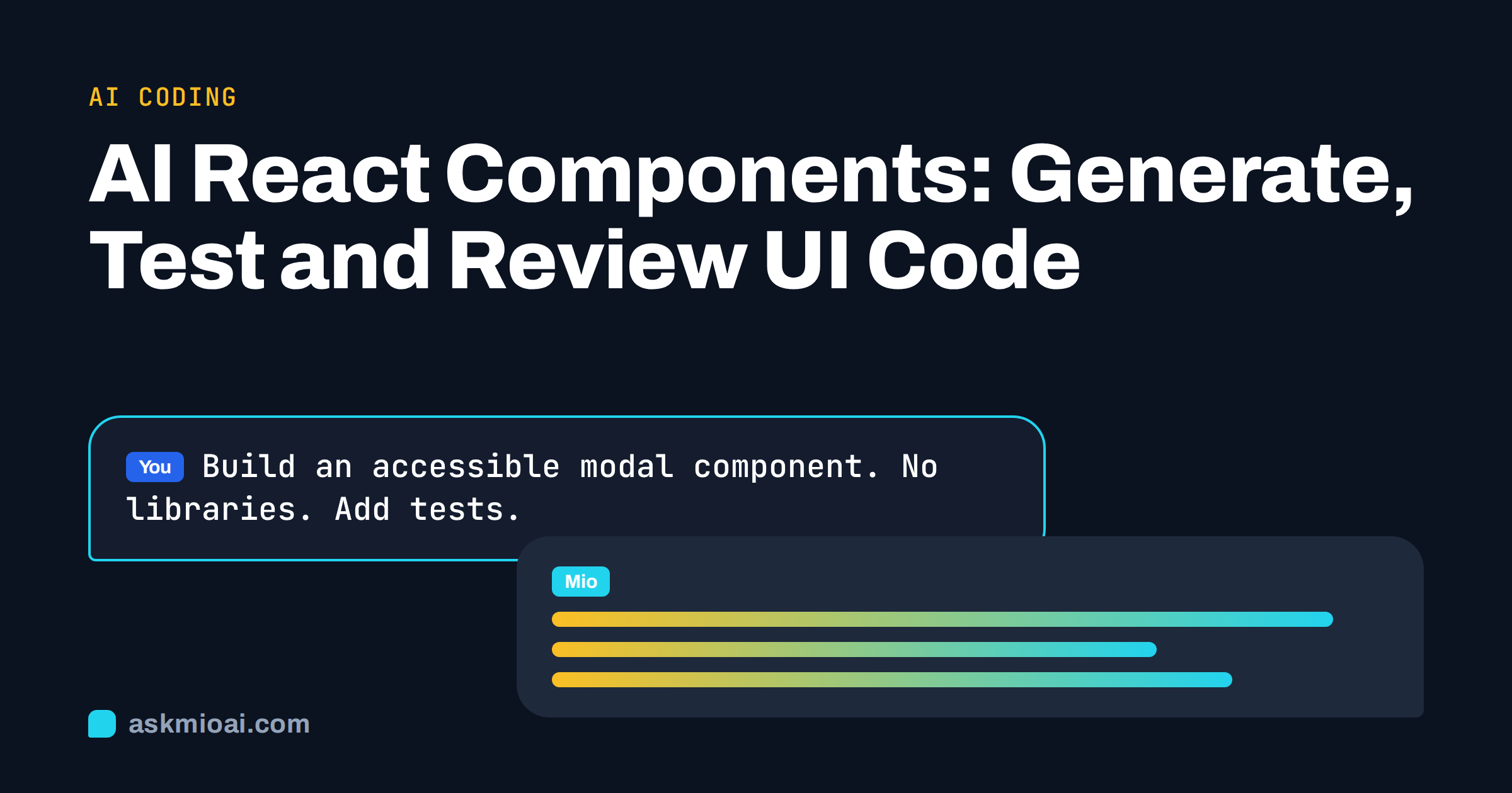 AI React components cover with a prompt bubble asking for an accessible modal component with tests