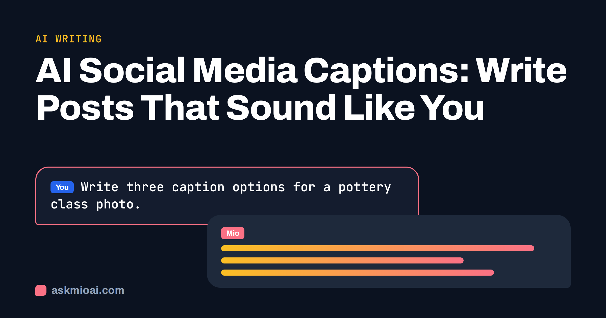 AI social media captions cover with a prompt bubble asking for pottery class captions and the article title