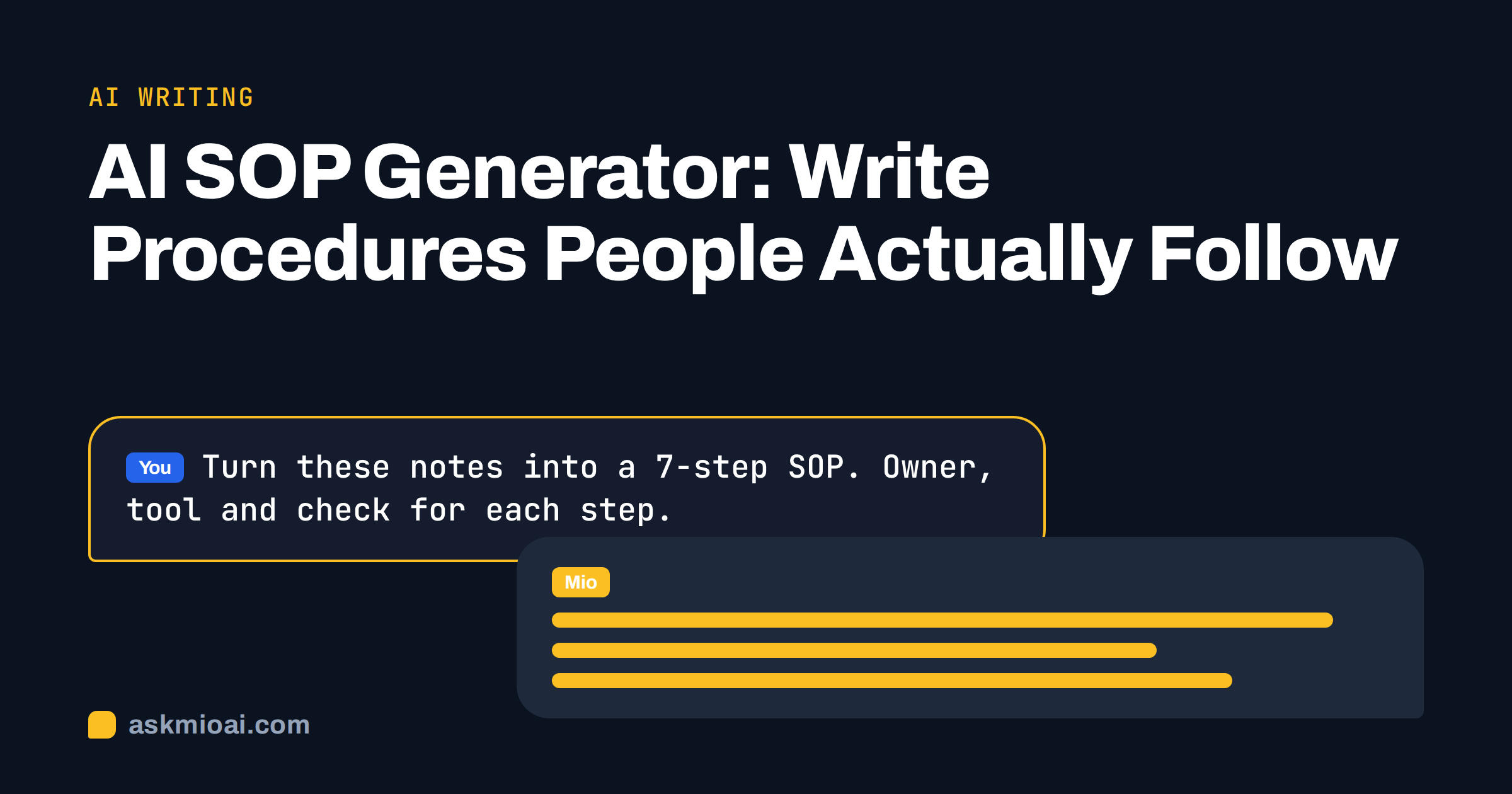 AI SOP generator cover showing a prompt bubble asking to turn notes into a seven-step procedure
