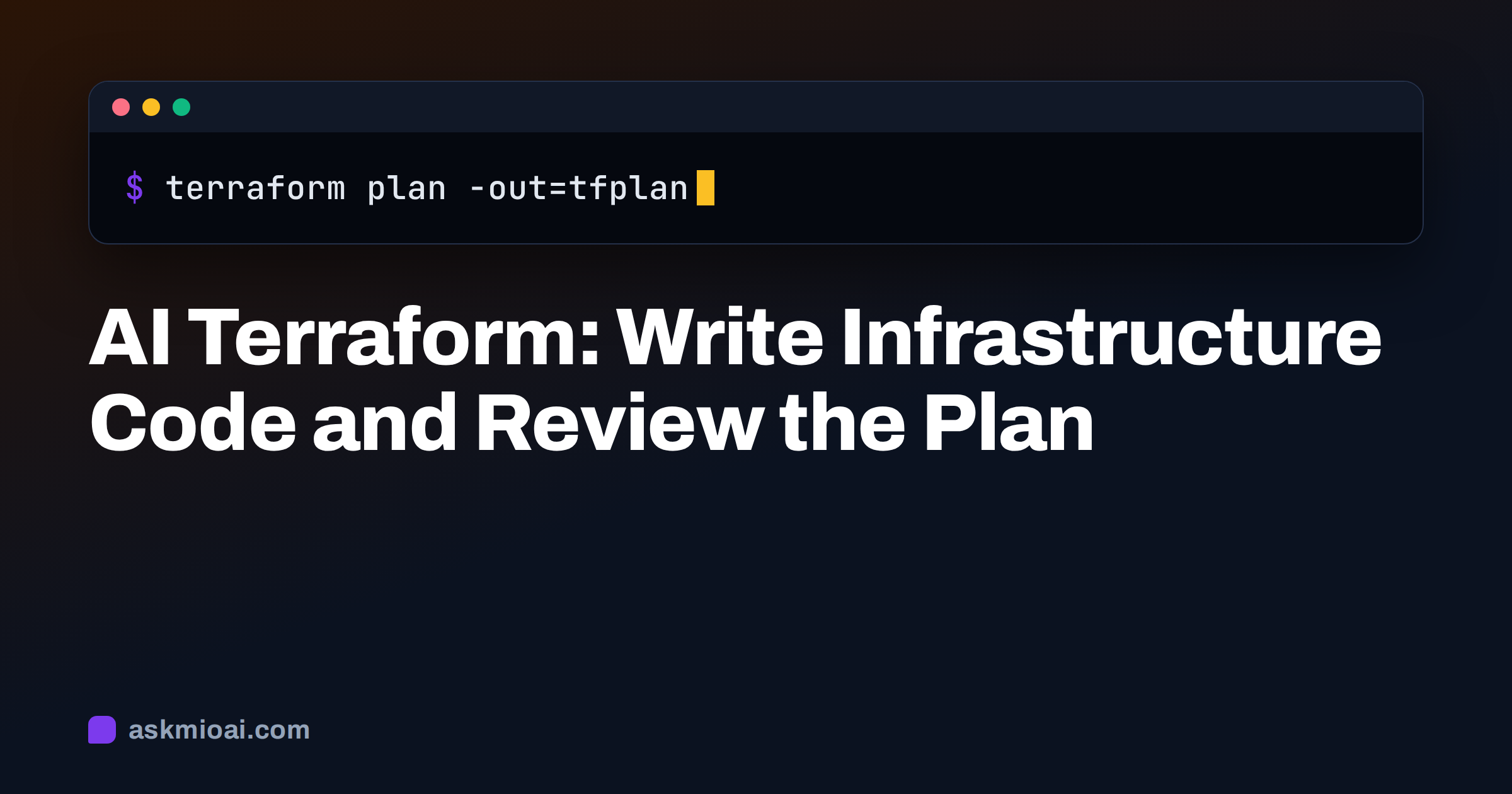 AI Terraform cover with a terminal line running terraform plan with an output file