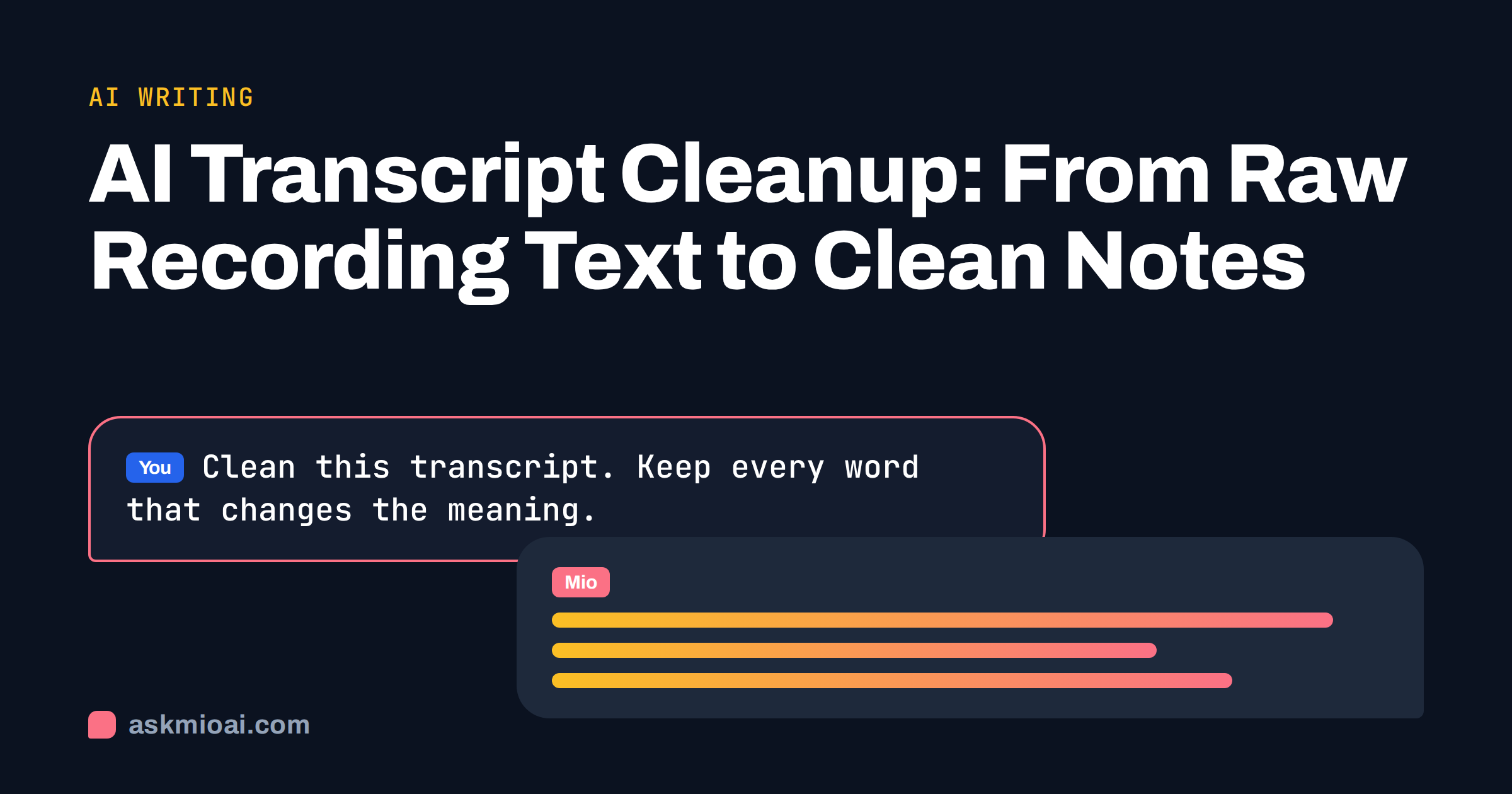 AI transcript cleanup cover with a prompt bubble asking to clean a transcript and keep every meaningful word
