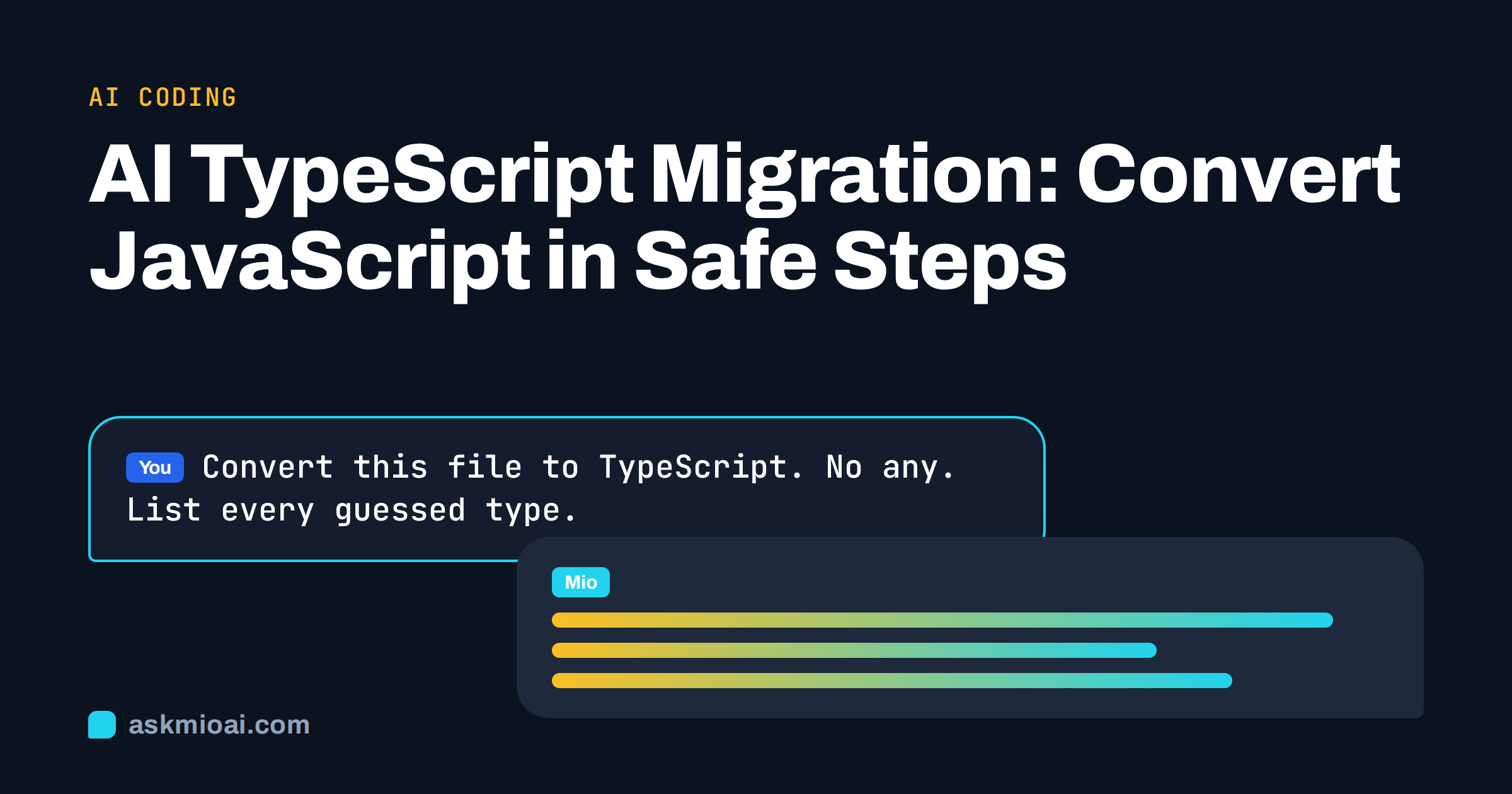 AI TypeScript migration cover with a prompt bubble asking to convert a file without any