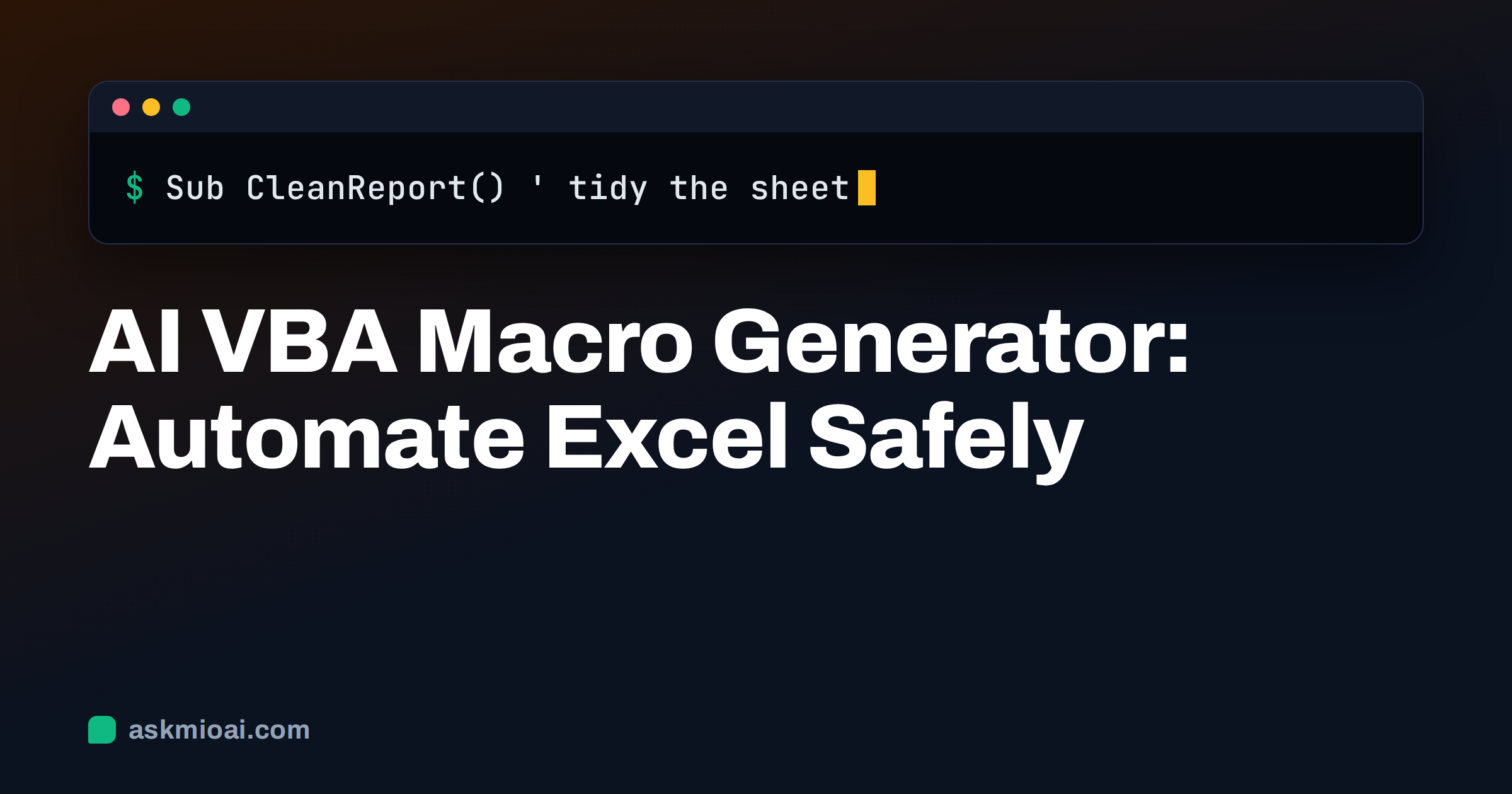 AI VBA macro generator cover with a dark terminal window showing a Sub procedure