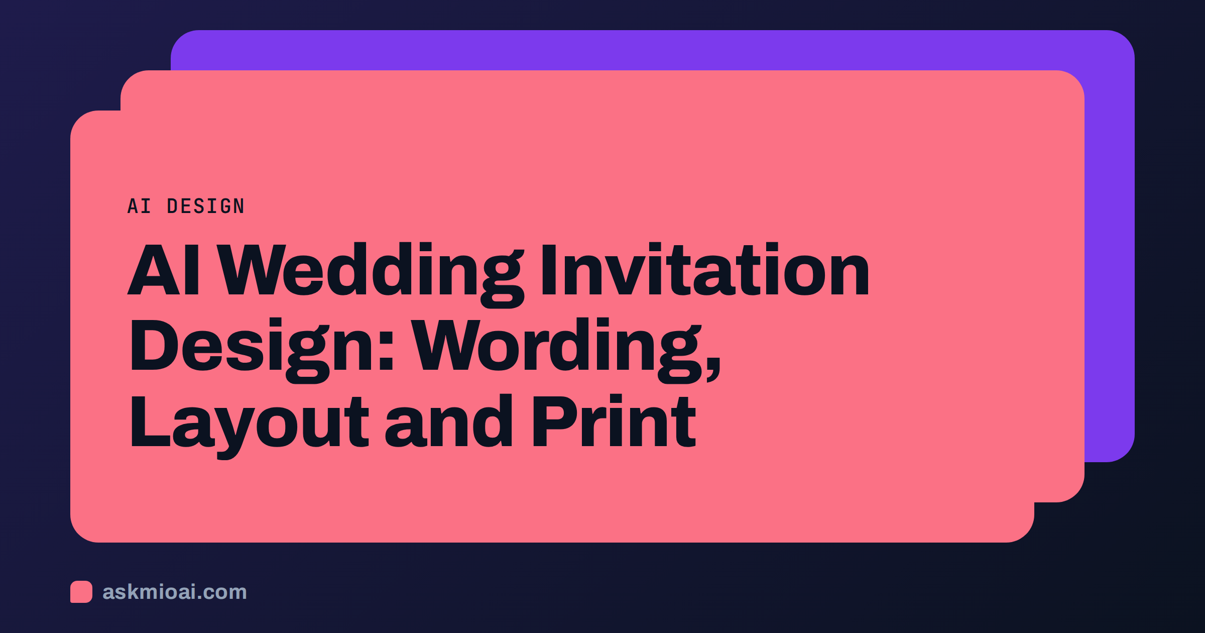 AI wedding invitation design cover with three layered cards in coral, violet and orange