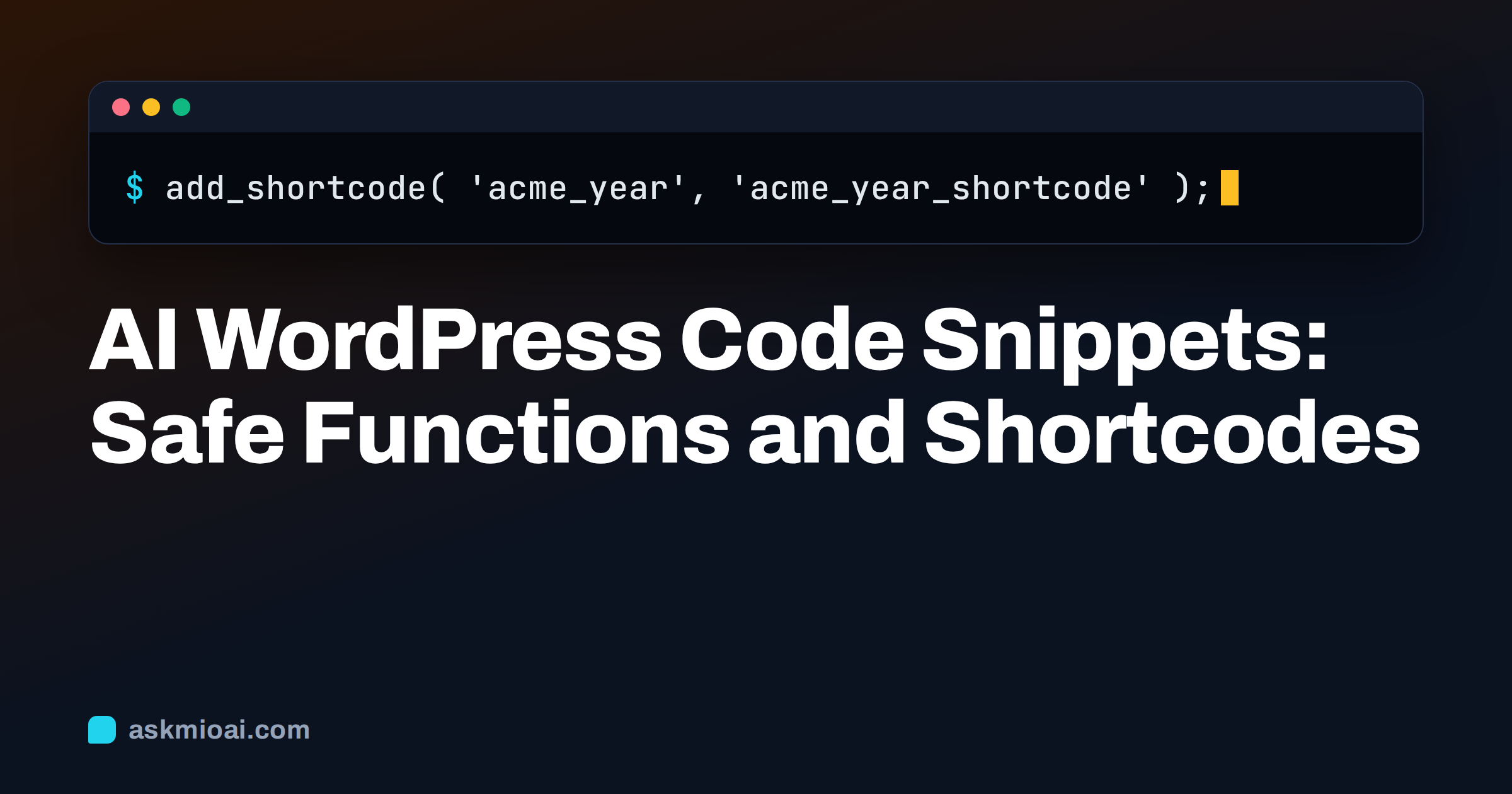 AI WordPress snippets cover with a terminal line adding a shortcode in PHP