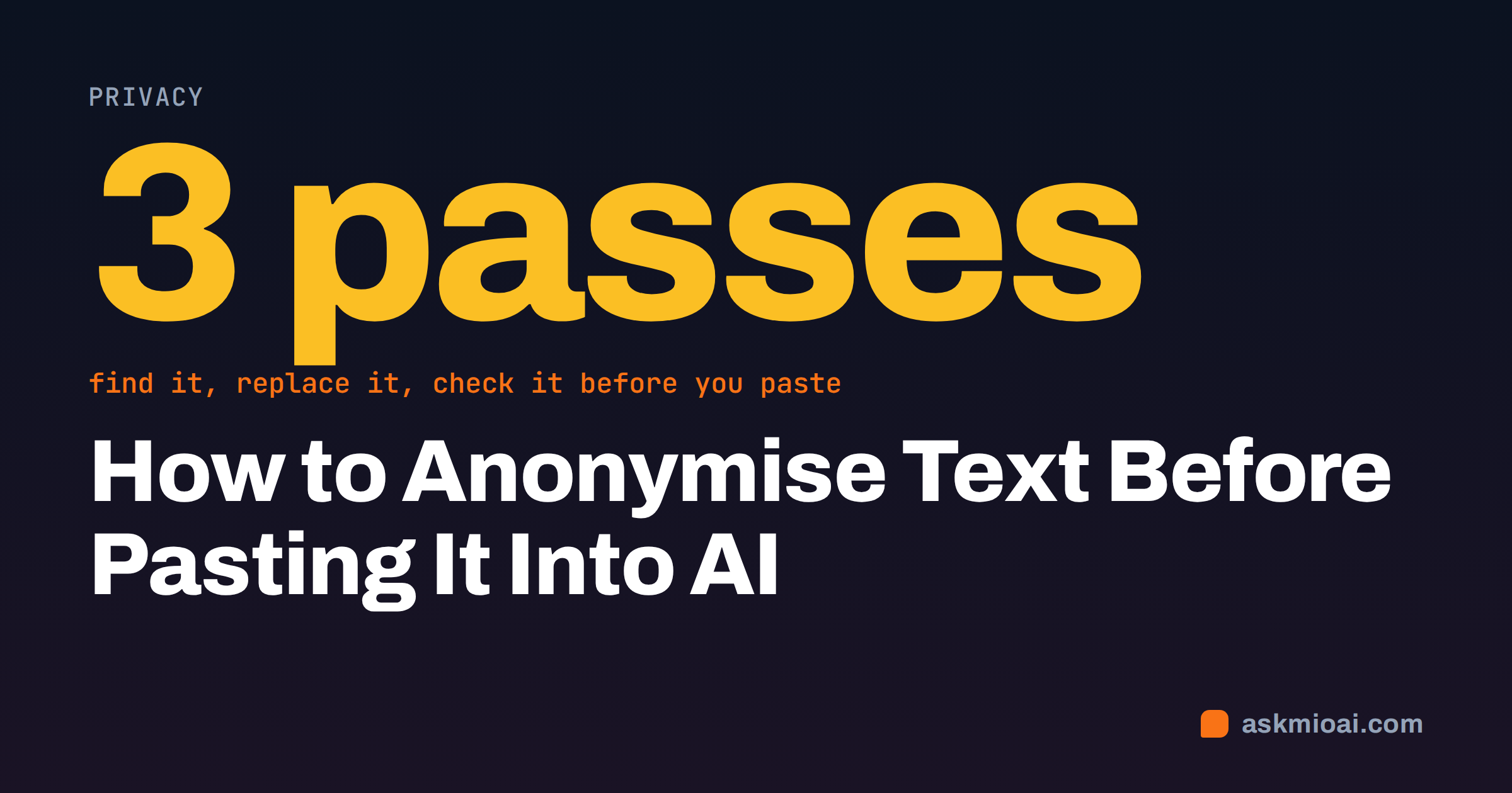 Anonymise text cover with the number 3 passes in large orange type on a dark background