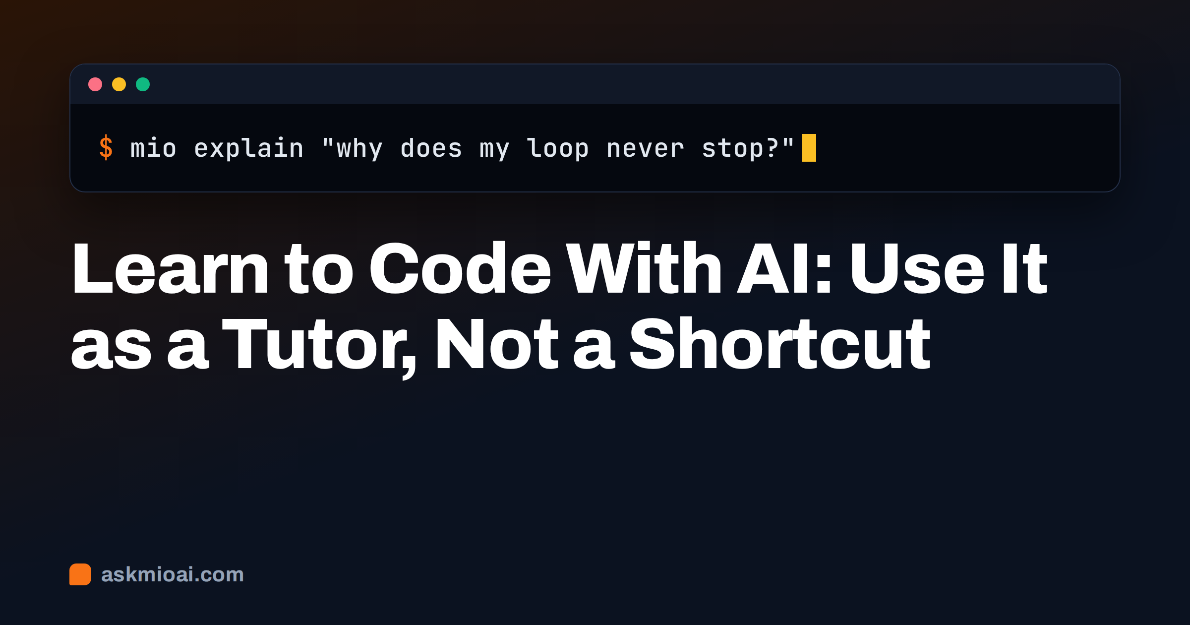 Learn to code with AI cover showing a terminal window with a beginner's question