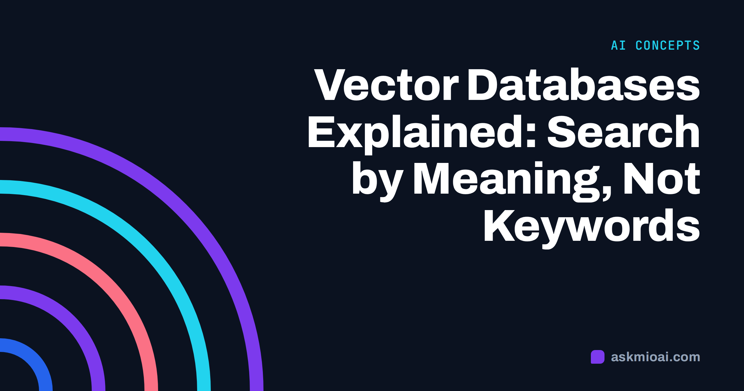Vector databases explained cover with concentric violet and cyan arcs and the article title